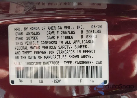 2008 Honda Accord 3.5 Ex-L from USA, damaged, VIN 1HGCP36818A077068